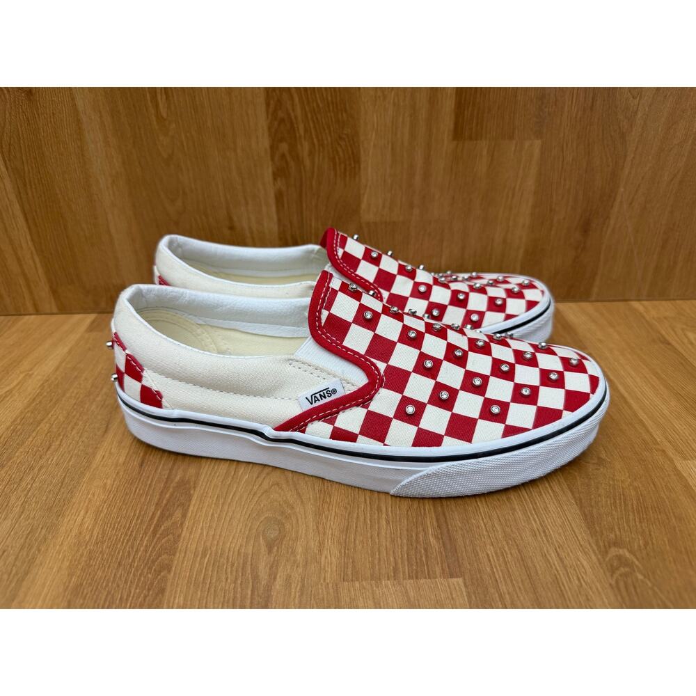 Vans Checkerboard Rhinestone Slip-On Shoes Red White Women’s 7.5 Men’s 6